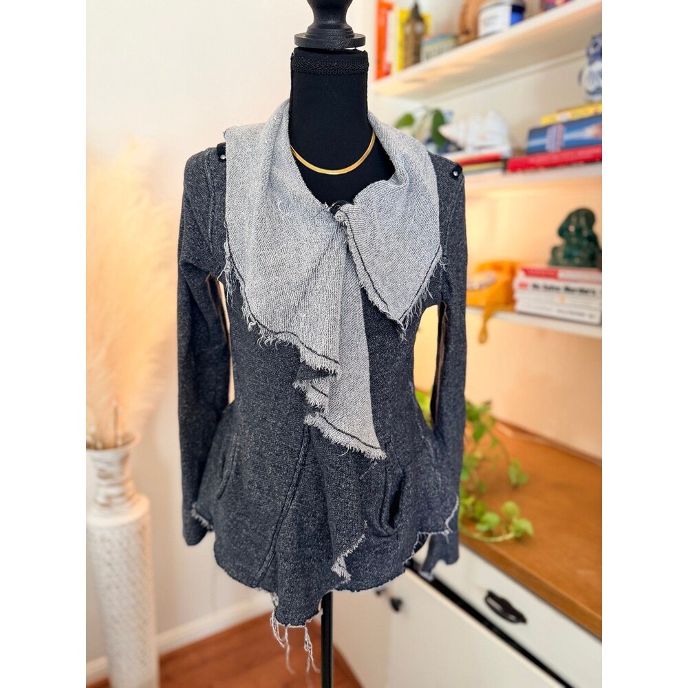 Blanc-noir Women's Grey and Blue Frayed Raw Edge Grunge Jacket Small